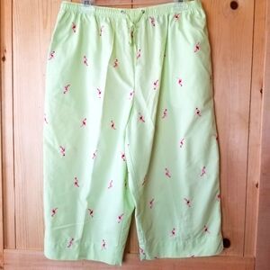 Karen Scott Sport Lime Green w/Pink Embroidered Flamingo Cropped Pants